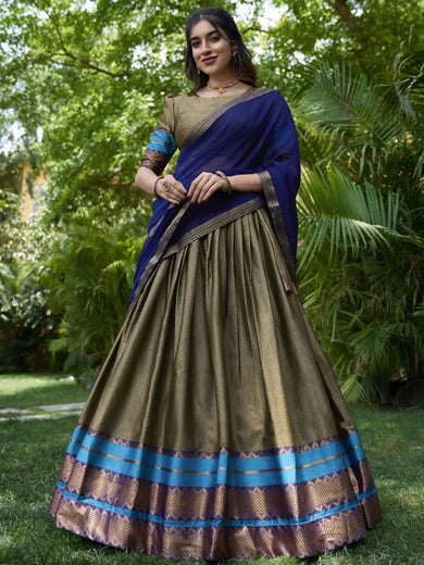 Fascinating Olive Green Cotton Festival Wear Half Saree Lehenga - Ethnic Plus In